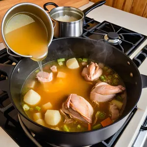 Рецепт Потаж из копченой курицы с сельдереем и плавленым сыром - Варка супа
