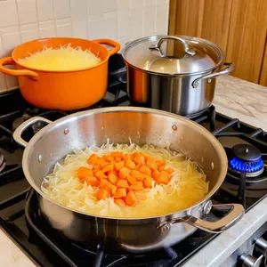 Рецепт Потаж из лесных грибов с тимьяном и сливками - Обжарка лука, чеснока и моркови