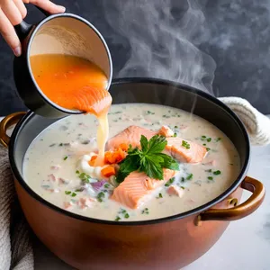 Рецепт Потаж из лосося с шафраном и сливками - Добавление сливок и специй