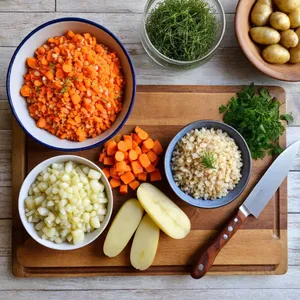 Рецепт Рассольник с уткой и дикими травами - Подготовка овощей и крупы