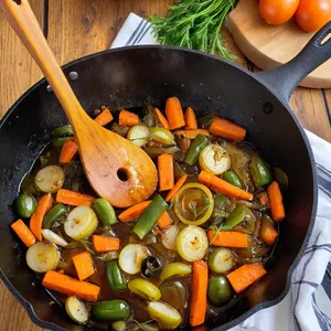 Рецепт Рассольник с уткой и дикими травами - Обжарка овощей
