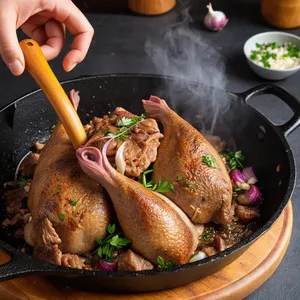 Рецепт Равиоли с перепелкой и гранатово-медовым соусом - Приготовление начинки из перепелки