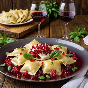 Рецепт Равиоли с уткой и гранатово-медовым соусом - Подача блюда
