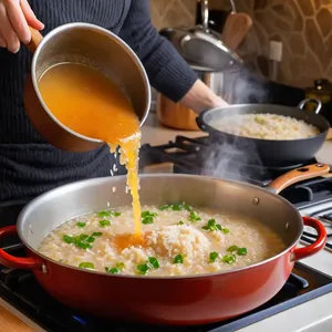 Рецепт Ризотто с кукурузой и розмарином - Постепенное добавление бульона