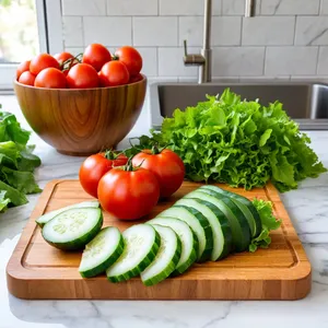 Рецепт Салат "Аппетитный микс" с индейкой и орехами - Подготовка овощей и зелени