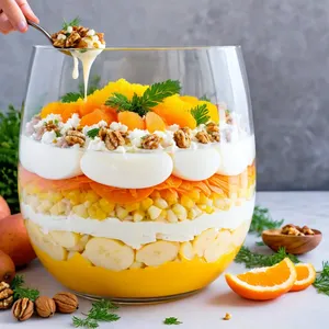 Рецепт Салат "Мимоза" с грушей и грецкими орехами - Сборка салата слоями