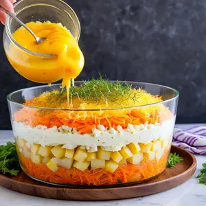 Рецепт Салат "Мимоза" с копченым сыром и виноградом - Сборка салата слоями