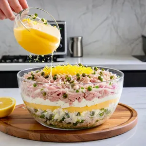 Рецепт Салат "Мимоза" с тунцом и каперсами - Сборка салата слоями