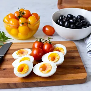 Рецепт Салат Нисуаз с копченой скумбрией и рукколой - Приготовление яиц и овощей