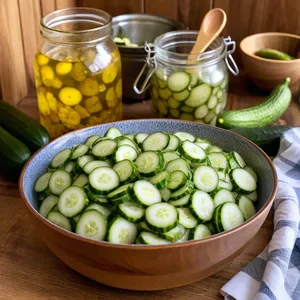 Рецепт Салат "Оливье" с копченой уткой и вишневым соусом - Нарезка маринованных огурцов