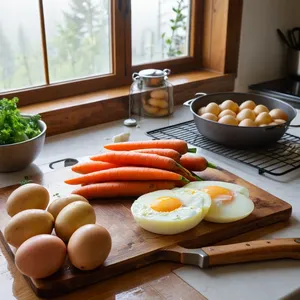 Рецепт Салат "Оливье" с козьим сыром и грушевым соусом - Подготовка овощей и яиц
