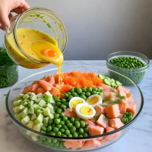 Рецепт Салат "Оливье" с лососем и укропным соусом - Сборка салата