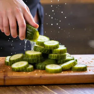 Рецепт Салат "Оливье" с печеными овощами и горчичным соусом - Нарезка соленых огурцов