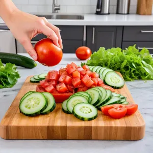 Рецепт Салат "Пикантный охотник" с курицей и беконом - Нарезка овощей