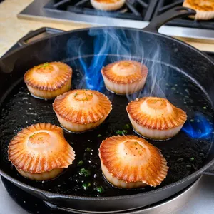 Рецепт Салат с гребешками и хурмой в гранатовой заправке - Обжарка гребешков