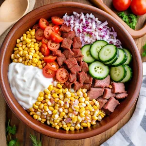 Рецепт Салат "Сочный ковбой" с говядиной и кукурузой - Сборка салата