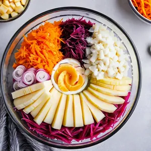 Рецепт Сельдь под шубой с грушей и грецкими орехами - Сборка салата