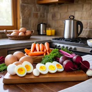 Рецепт Сельдь под шубой с хурмой и грецкими орехами - Подготовка овощей и яиц