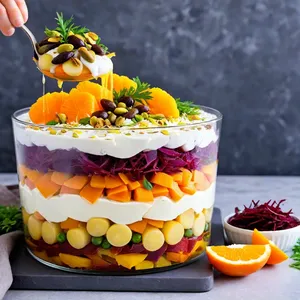 Рецепт Сельдь под шубой с мандарином и фисташками - Сборка слоев