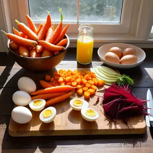 Рецепт Сельдь под шубой с манго и кедровыми орешками - Подготовка овощей и яиц