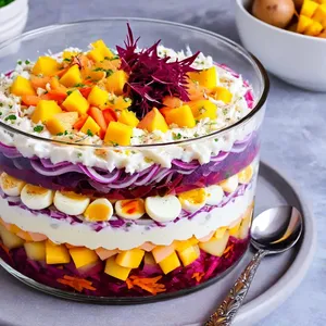 Рецепт Сельдь под шубой с манго и кедровыми орешками - Сборка салата