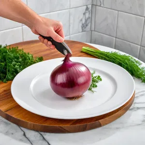 Рецепт Сельдь с гранатовым соусом и фисташковой крошкой - Нарезка лука и зелени