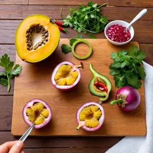 Рецепт Севиче из желтохвоста с маракуйей и кинзой - Подготовка фруктов и овощей