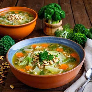 Рецепт Щи с брокколи и кедровыми орешками - Подача с орешками и зеленью