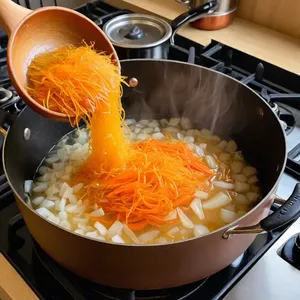 Рецепт Щи с тыквой и имбирем - Обжарка лука, моркови и имбиря