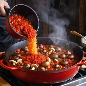 Рецепт Щи с вешенками и сливками - Добавление томатной пасты