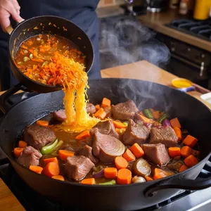 Рецепт Шурпа из баранины с баклажанами и помидорами - Обжарка мяса и лука