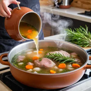 Рецепт Шурпа из баранины с черешней и розмарином - Заливка водой и добавление специй