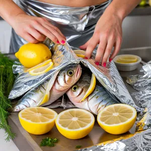 Рецепт Скумбрия в фольге с лимоном и укропом - Начинка и заворачивание в фольгу