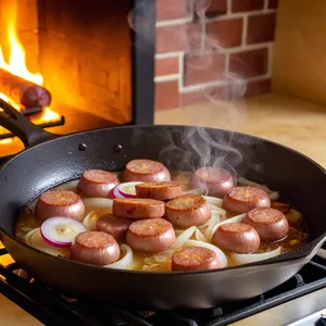 Рецепт Солянка с колбасой и маринованными огурцами - Обжарка лука и колбасы
