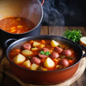 Рецепт Солянка с колбасой и маринованными огурцами - Соединение ингредиентов