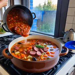 Рецепт Солянка с копченой колбасой и маслинами - Сборка солянки
