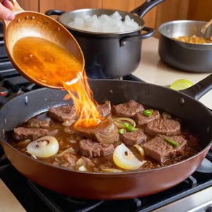 Рецепт Солянка с копчёной грушей и горчицей - Обжарка мяса и лука