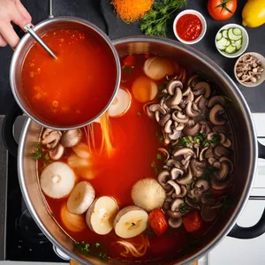Рецепт Солянка с копчёной корейкой и солёными лисичками - Добавление грибов и огурцов
