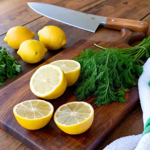 Рецепт Солёная скумбрия с лимоном и пряными травами - Нарезка лимона и зелени