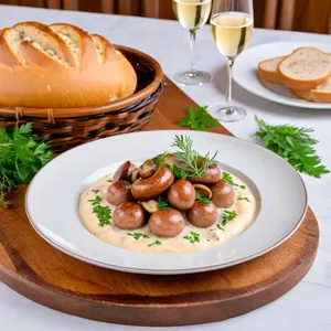 Рецепт Сосиски с грибами и сливочным соусом - Подача блюда
