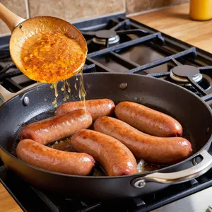 Рецепт Сосиски с имбирным соусом и кунжутом - Обжарка сосисок