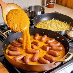Рецепт Сосиски с карри и кокосовым молоком - Добавление сосисок и пасты карри