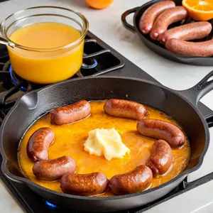 Рецепт Сосиски с медово-апельсиновым соусом и жареным миндалем - Обжарка сосисок