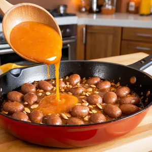 Рецепт Сосиски с медово-апельсиновым соусом и жареным миндалем - Соединение ингредиентов