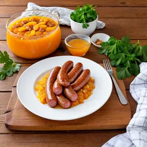 Рецепт Сосиски с медово-апельсиновым соусом и жареным миндалем - Подача