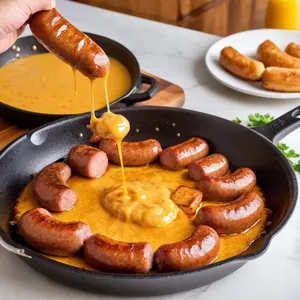 Рецепт Сосиски с медово-горчичным соусом и хрустящими крутонами - Приготовление сосисок