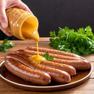 Рецепт Сосиски с медовой горчицей и кунжутом - Покрытие сосисок соусом