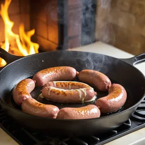 Рецепт Сосиски с соусом песто и вялеными томатами - Обжаривание сосисок