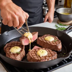 Рецепт Стейк из говядины с розмарином и чесночным маслом - Обжарка стейков