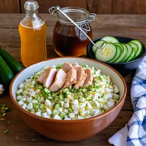 Рецепт Тюря с копчёной курицей и чесноком на квасе - Сборка тюри